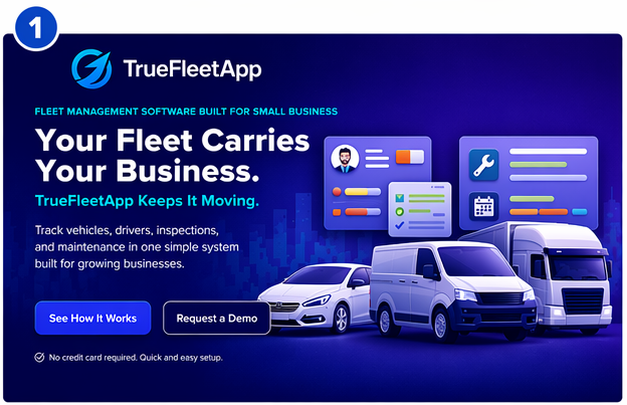 TrueFleetApp hero illustration showing vehicles and fleet management interface